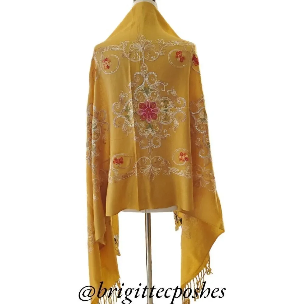 HANDMADE Embroidered Sequined Designed Mustard Shawl